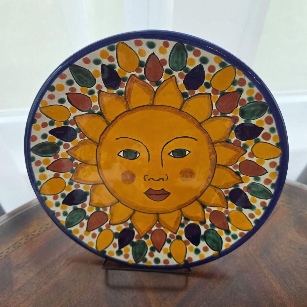 Vintage Mexican Folk Art Sun Plate 8" Hand Painted Pottery Wall Decor